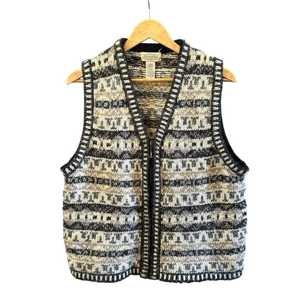 Vintage St. Johns Bay Gray Wool Blend Nordic Fair Isle Zip Up Winter Vest Large